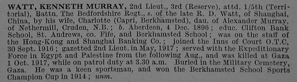 Watt K M 2nd Lt 5th Bedfordshire Regiment Obit De Ruvignys Roll Of Honour Vol 4