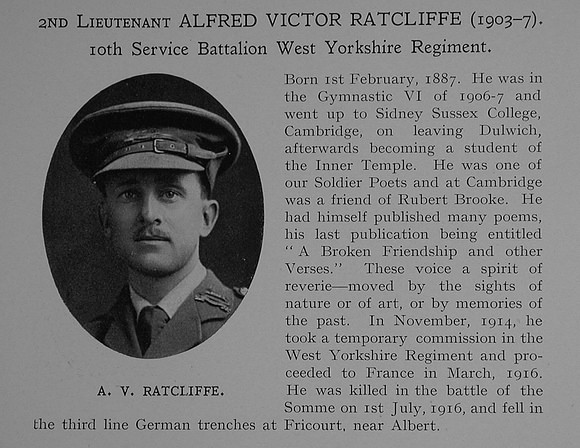 Ratcliffe A V 2nd Lt 10th West Yorkshire Regiment Obit Dulwich College Roll Of Honour