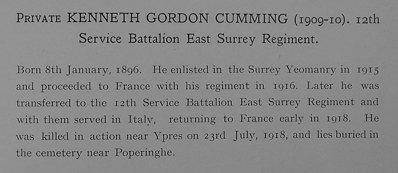 Cumming K G Pte 25478 12th East Surrey Regiment Obit Dulwich College Roll Of Honour
