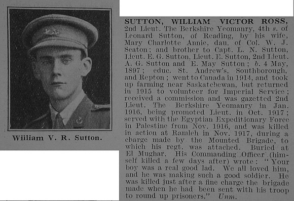 Sutton W V R 2nd Lt Berkshire Yeomanry Obit De Ruvignys Roll Of Honour Vol 3