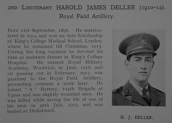 Deller H J 2nd Lt Royal Field Artillery Obit Dulwich College Roll Of Honour
