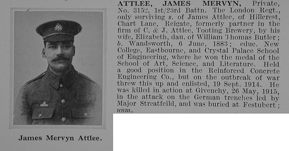 Attlee J M Pte 3152 23rd London Regiment Obit