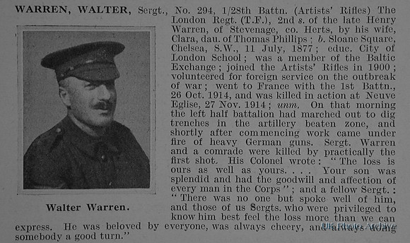 Warren W Sergt 294 28th London Regiment Obit De Ruvignys Roll Of Honour Vol 1