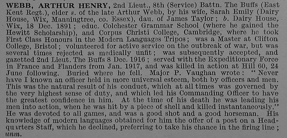 Webb A H 2nd Lt 8th East Kent Regiment Obit De Ruvignys Roll Of Honour Vol 4