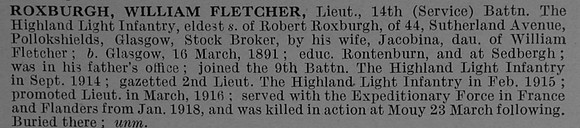 Roxburgh W F Lt 14th Highland Light Infantry Obit De Ruvignys Roll Of Honour