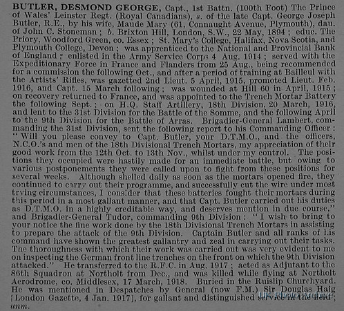 Butler D G Captain 1st Leinster Regiment Attd Royal Flying Corps Obit De Ruvignys Roll Of Honour Vol 4