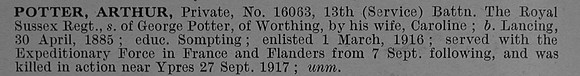 Potter A Pte 16063 13th Royal Sussex Regiment Short Obit De Ruvignys Roll Of Honour Vol 4