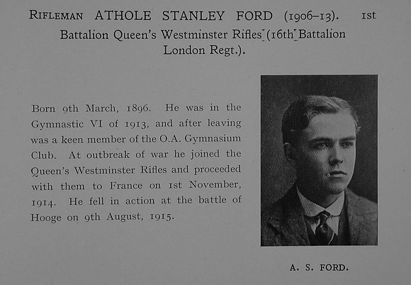 Ford A S Rfn 1993 16th London Regiment (Queen's Westminster Rifles) Obit Dulwich College Roll Of Honour