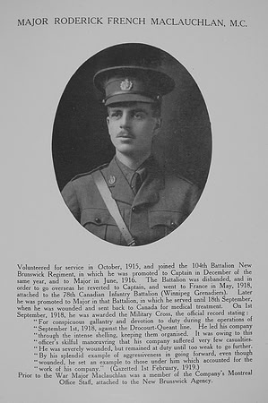 MacLauchlan R F Major 78th Canadian Infantry Northern Assurance Co War Record