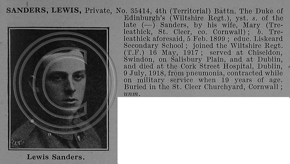 Sanders L Pte 35414 4th Wiltshire Regiment Obit De Ruvignys Roll Of Honour Vol 4