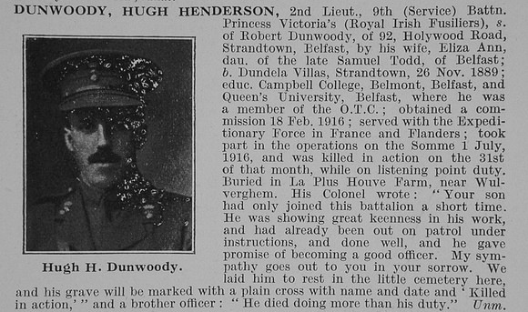Dunwoody H H 2nd Lt 9th Royal Irish Fusiliers Obit De Ruvignys Roll Of Honour Vol 3