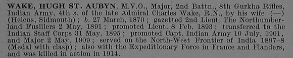 Wake H St A Major MVO Indian Army Short Obit De Ruvignys Roll Of Honour Vol 4