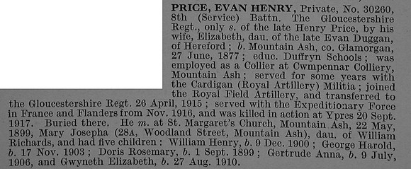 Price E H Pte 30260 8th Gloucestershire Regiment Obit De Ruvignys Roll Of Honour Vol 4