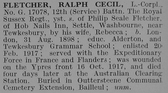 Fletcher R C L/Cpl 12th Royal Sussex Regiment Obit De Ruvignys Roll Of Honour Vol 3