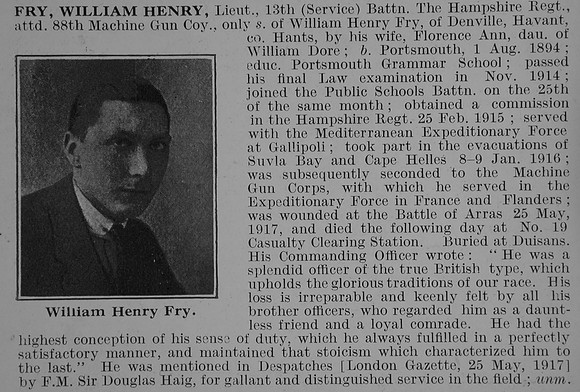 Fry W H Lt 13th Hants Regt attd Machine Gun Corps Obit De Ruvignys Roll Of Honour Vol 3