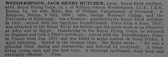 Wedderspoon J H B Lt Royal Field Artillery Attd Royal Flying Corps Obit De Ruvignys Roll Of Honour Vol 4