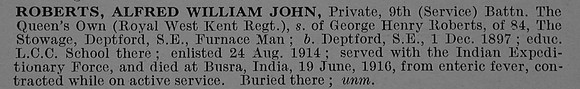 Roberts A W J Pte S9271 9th Attd 2nd Queen's Own (Royal West Kent Regiment) Short Obit De Ruvignys Roll Of Honour Vol 4