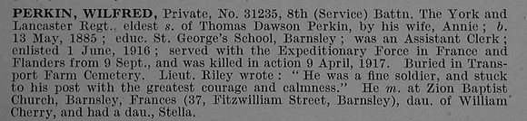 Perkin W Pte 31235 8th York & Lancaster Regiment Obit De Ruvignys Roll Of Honour Vol 4