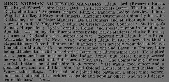 Ring N A M Lt 3rd Royal Warwickshire Regiment Attd 5th Lincolnshire Regiment Obit De Ruvignys Roll Of Honour Vol 4