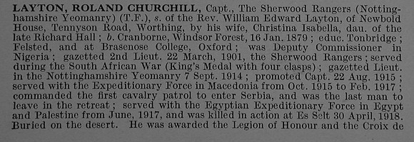 Layton R C Captain Nottinghamshire Yeomanry (Sherwood Rangers) Obit Part 1 De Ruvignys Roll Of Honour Vol 4