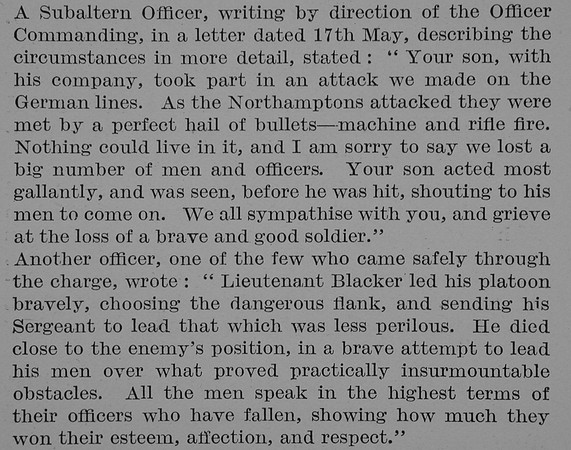 Blacker G F 2nd Lt 2nd Northamptonshire Regiment Obit Part 4 Bond Of Sacrifice Vol 2