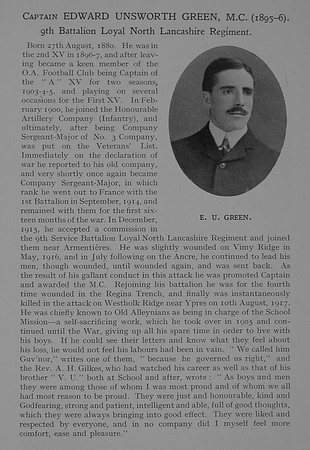 Green E U Captain MC 9th Loyal North Lancs Regt Obit Dulwich College Roll Of Honour