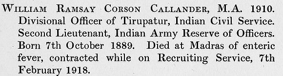 Callander W R C 2nd Lt Indian Army Obit