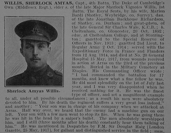 Willis S A Captain 4th Middlesex Regiment Obit De Ruvignys Roll Of Honour Vol 3