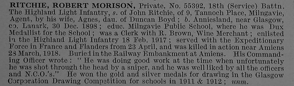 Ritchie R M Pte 55392 18th Highland Light Infantry Obit De Ruvignys Roll Of Honour Vol 4