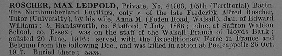 Roscher M L Pte 44906 5th Northumberland Fusiliers Obit De Ruvignys Roll Of Honour Vol 4