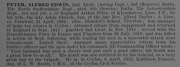 Peter A E 2nd Lt (Acting Captain) 3rd North Staffordshire Regiment Attd 9th Leicestershire Regiment Obit De Ruvignys Roll Of Honour Vol 4