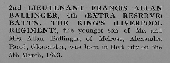 Ballinger F A 2nd Lt 4th Kings Liverpool Regiment Obit Part 1 The Bond Of Sacrifice Vol 2