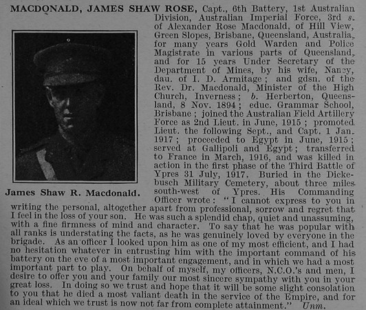 MacDonald J S R Captain Australian Field Artillery Obit De Ruvignys Roll Of Honour Vol 4