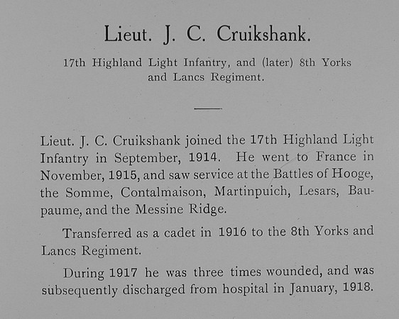 Cruikshank J C Lt 8th York Lancs Regiment Record William Graham Company