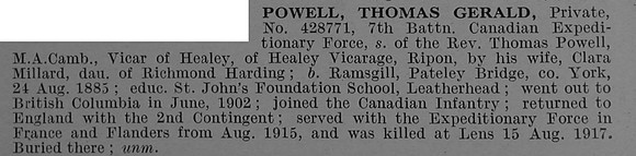 Powell T G Pte 428771 7th Canadian Infantry (British Columbia Regiment) Obit De Ruviignys Roll Of Honour Vol 4