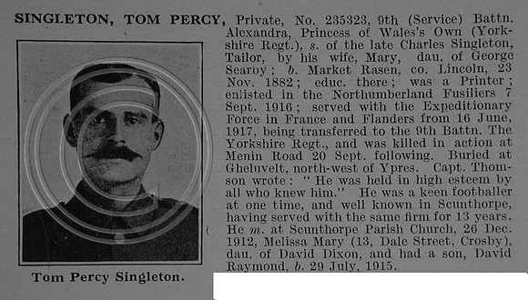 Singleton T P Pte 235323 9th Yorkshire Regiment Obit De Ruvignys Roll Of Honour Vol 4