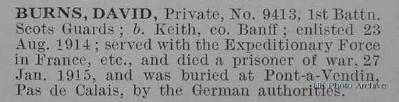 Burns D Pte 9413 1st Scots Guards Short Obituary De Ruvignys Roll Of Honour Vol 1