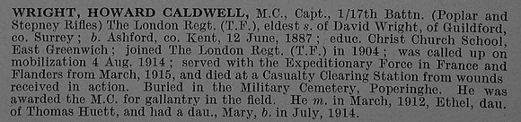 Wright H C Captain MC 17th London Regiment Obit De Ruvignys Roll Of Honour Vol 4