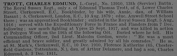 Trott C E LCpl 13910 13th Royal Sussex Regiment Obit De Ruvignys Roll Of Honour Vol 4