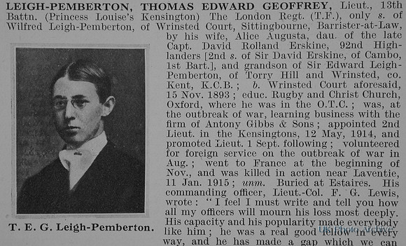 Leigh-Pemberton T E G Lt 13th London Regiment Obit Part 1 De Ruvignys Roll Of Honour Vol 1