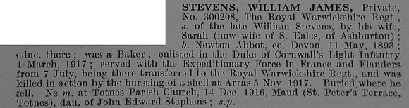 Stevens W J Pte 300208 7th Royal Warwickshire Regiment Obit De Ruvignys Roll Of Honour Vol 4