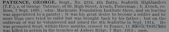 Patience G Sergt 2334 4th Seaforth Highlanders Obit De Ruvignys Roll Of Honour Vol 3