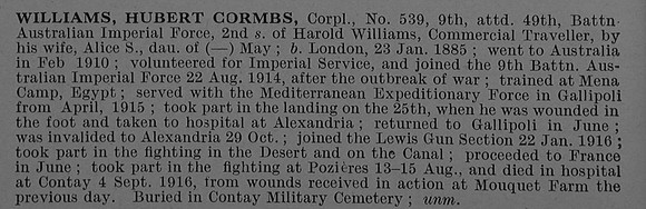 Williams H C Cpl 539 49th Australian Infantry, A.I.F. Obit De Ruvignys Roll Of Honour Vol 4