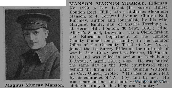 Manson M M Rfm 1999 21st London Regiment Obit De Ruvignys Roll Of Honour Vol 1