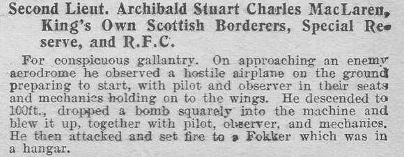 MacLaren A S C 2nd Lt Royal Flying Corps Military Cross Citation The Graphic 28th July 1916
