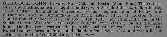 Shilcock J Pte 6735 2nd Oxford & Bucks Light Infantry Obit De Ruvignys Roll Of Honour Vol 4