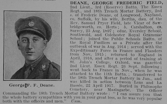 Deane G F F 2nd Lt 3rd Essex Regiment Obit De Ruvignys Roll Of Honour Vol 3