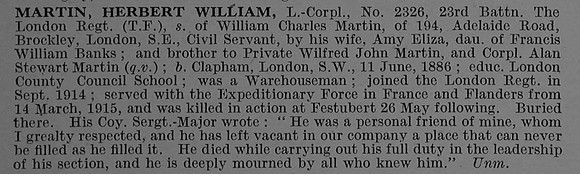 Martin H W L/Cpl 2326 23rd London Regiment Obit De Ruvignys Roll Of Honour Vol 4