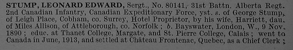 Stump L E Sergt 80141 31st Canadian Infantry (Alberta Regiment) Obit Part 1 De Ruvignys Roll Of Honour Vol 4