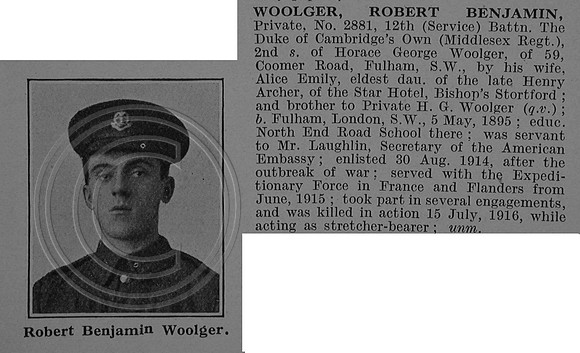 Woolger R B Pte 2881 12th Middlesex Regiment Obit De Ruvignys Roll Of Honour Vol 4